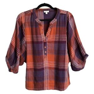 GARNET HILL Organic Cotton Plaid Top Preppy Work Shirt Earth Tone Western Size 6